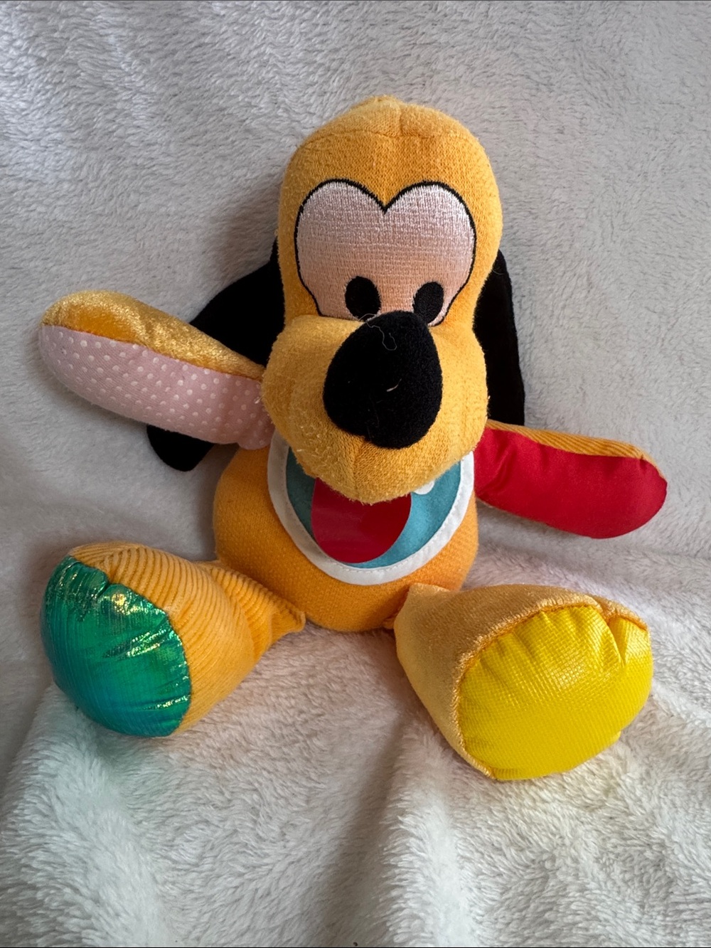 Vintage 1990 Disney Pluto Plush Rattle Mattel Patchwork Sensory Toy